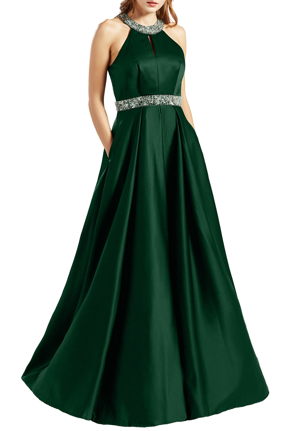 MACloth Women Satin Prom Dresses with Pockets Halter Long Formal Evening Gown
