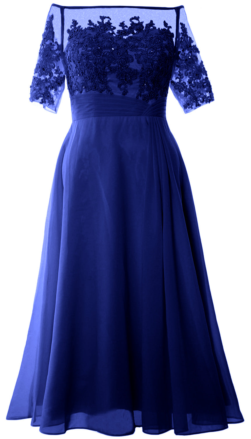 Vestidos de madre de la novia de MACloth, mangas cortas, midi, hombros descubiertos, semi formales