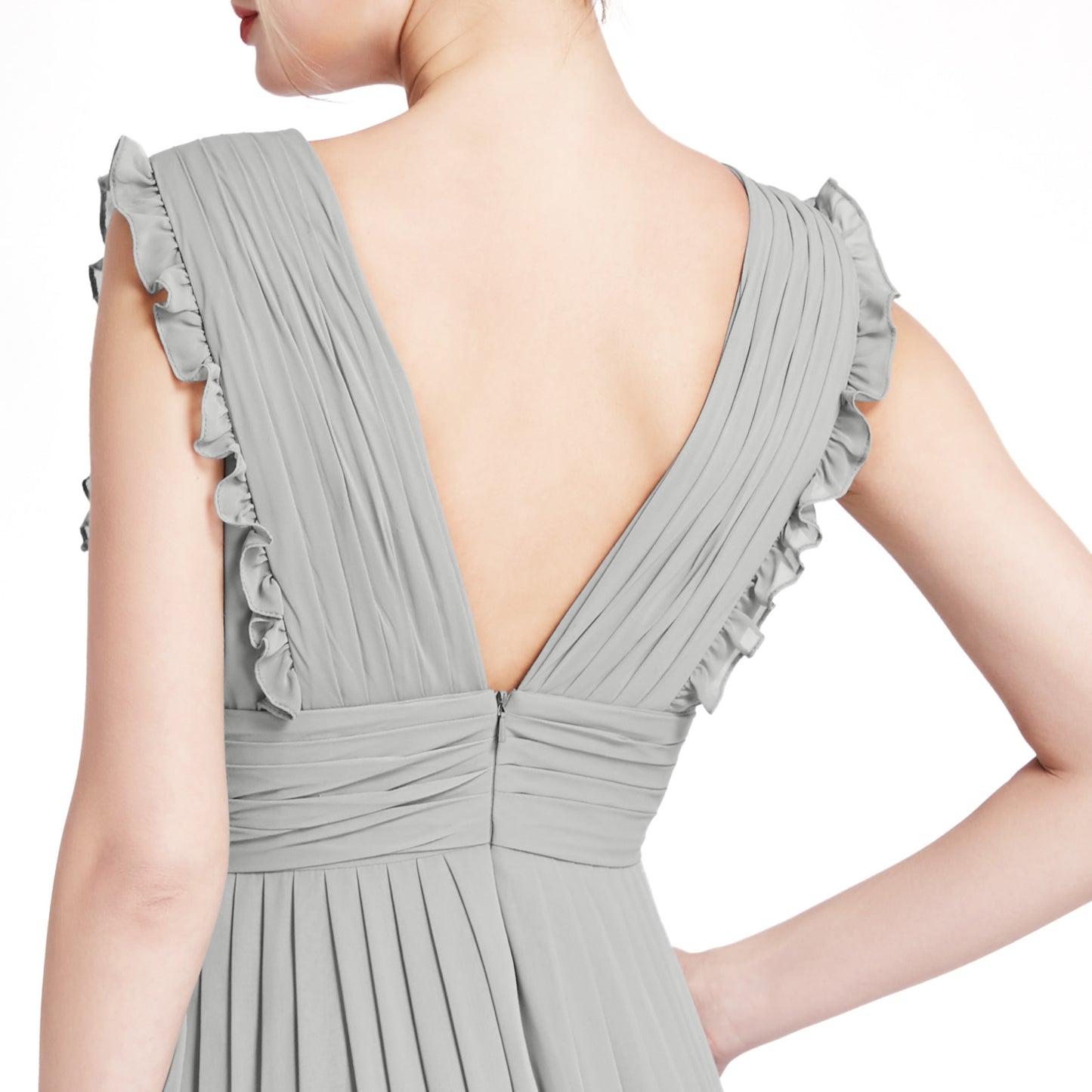 MACloth Women V Neck Ruffle Long Pleated Wedding Party Bridesmaid Dresses