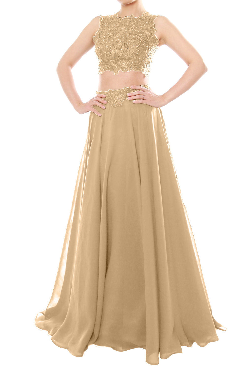 MACloth Vestido largo de gasa con encaje y cuello alto de dos piezas para mujer, vestido de fiesta formal para graduación