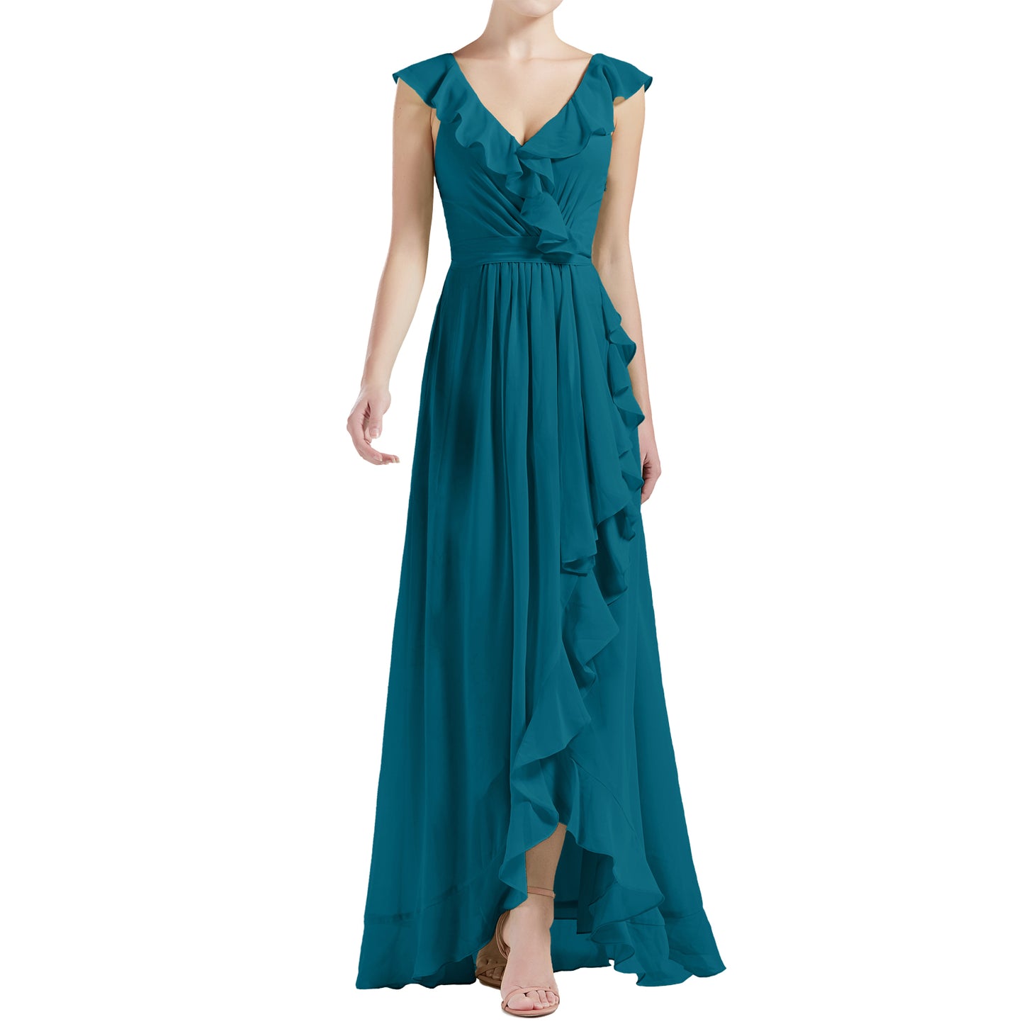MACloth Women V Neck Ruffle Cap Sleeve Hi-Lo Long Wedding Bridesmaid Dresses