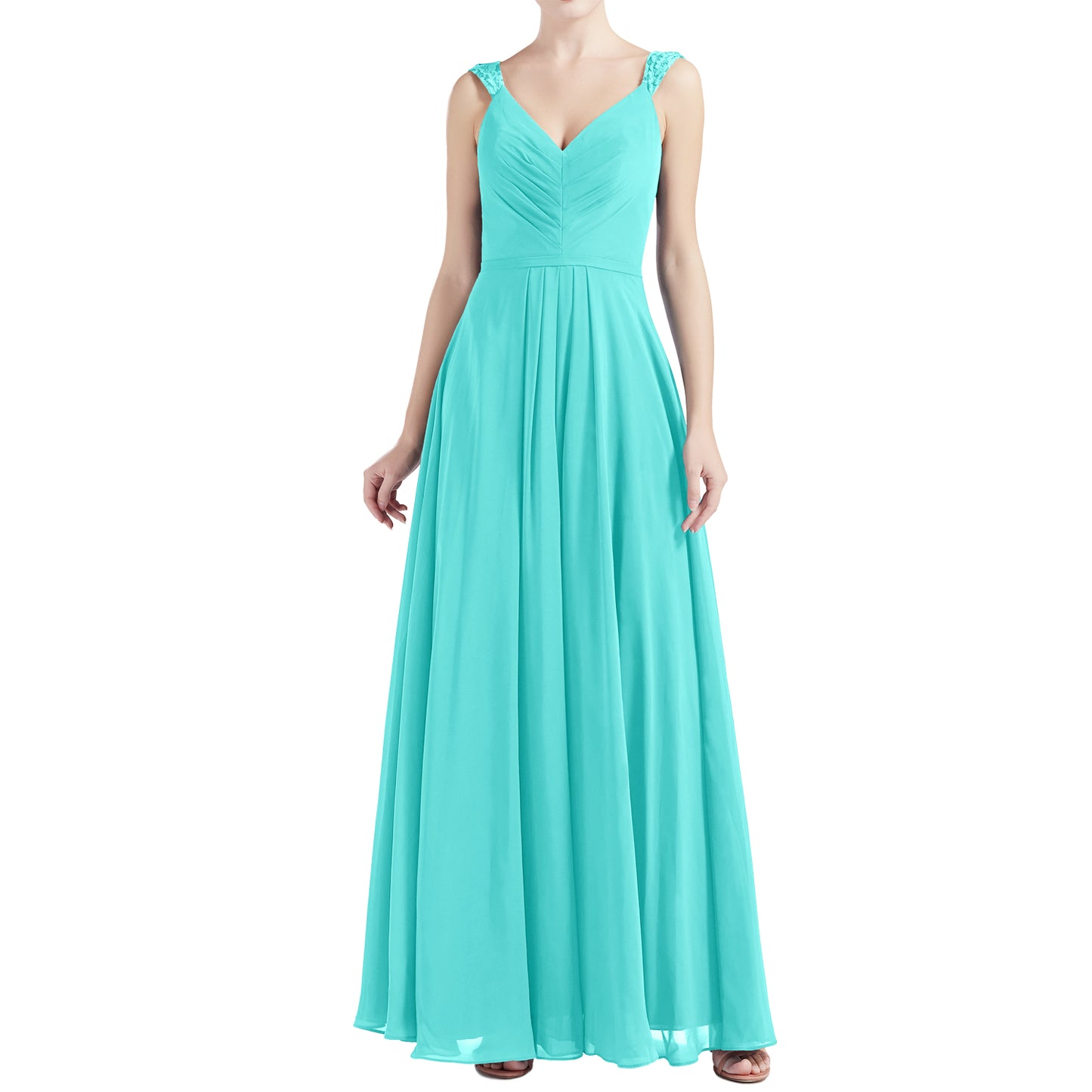 MACloth Women V Neck Lace Chiffon A Line Maxi Wedding Party Bridesmaid Dresses