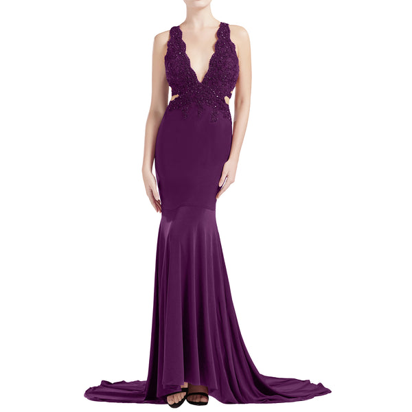 MACloth Women Mermaid V Plunging Neck Lace Long Prom Dresses Formal Evening Gown