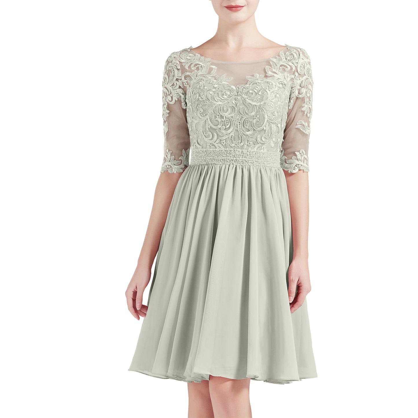 MACloth Women Half Sleeves Short Lace Beading Boat Neckline Mother of Bride Dresses Wedding Bridal Party