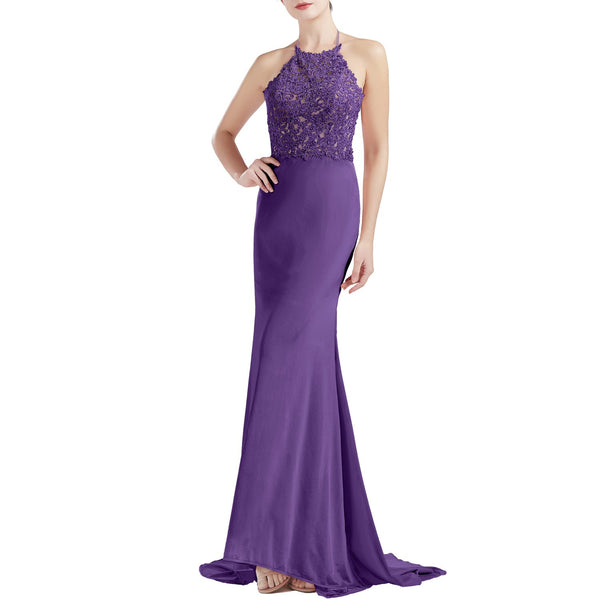 MACloth Women Sleeveless Halter Jersey Mermaid Long Prom Party Dresses Evening