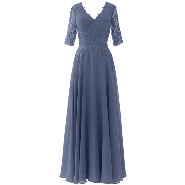 MACloth Long Maxi Mother Bride Dresses Short Sleeve Lace V Neck Evening Gown