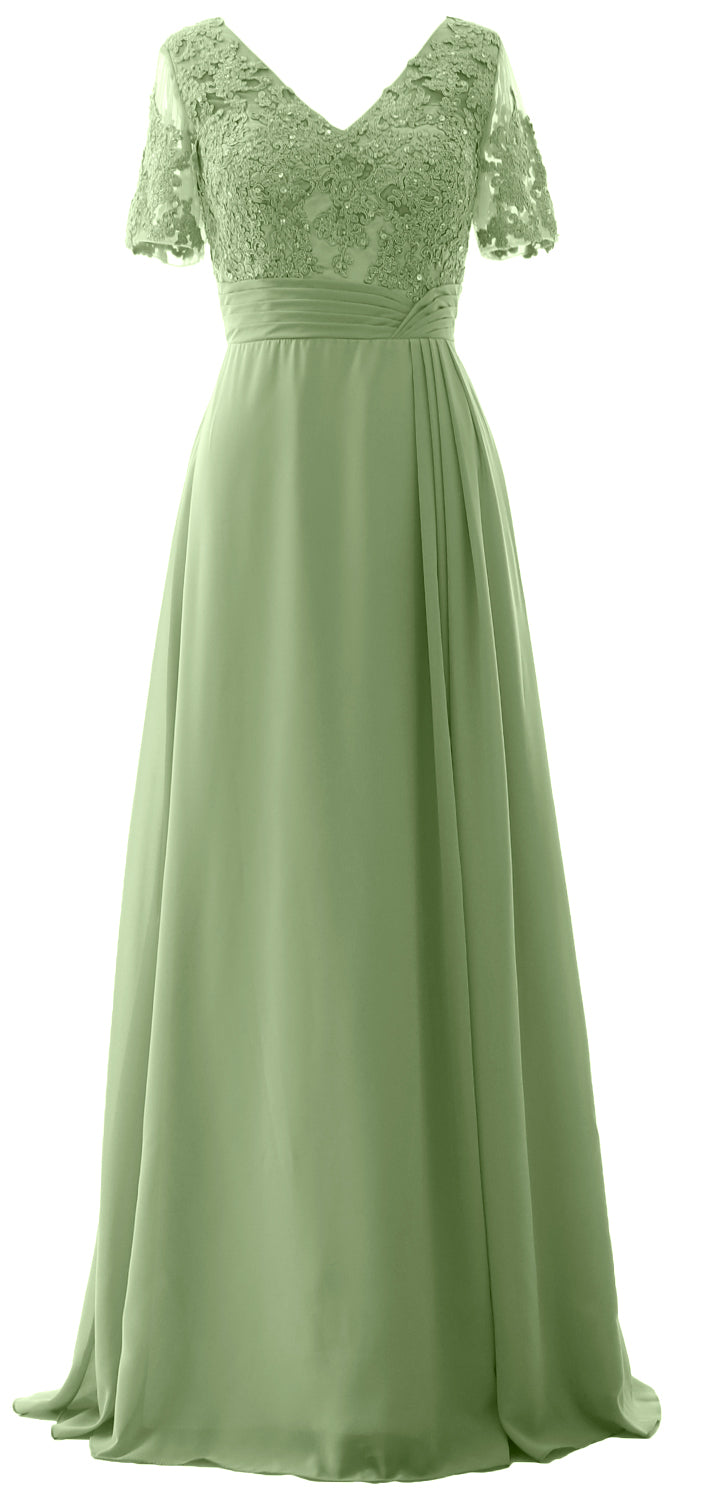 MACloth Women V Neck Long Mother of Bride Dresss Lace Evening Gown Short Sleeves