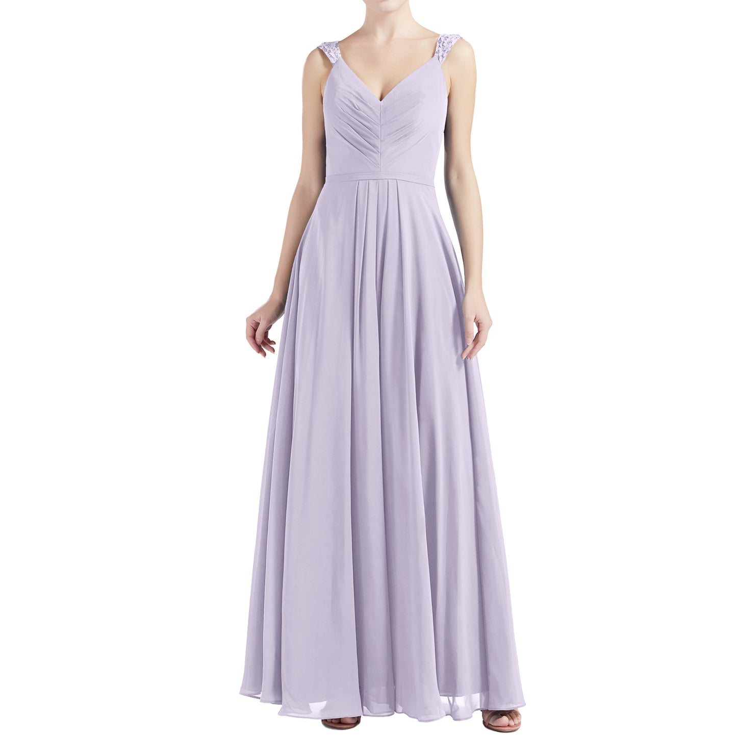 MACloth Women V Neck Lace Chiffon A Line Maxi Wedding Party Bridesmaid Dresses