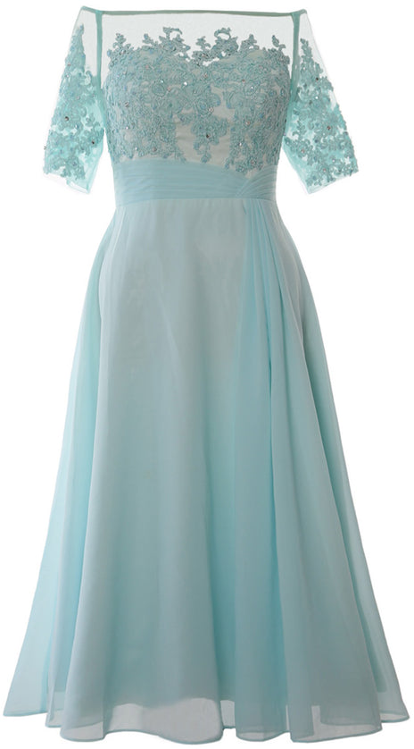 MACloth Mother of Bride Dresses Half Sleeves Midi Off Shoulder Semi Formal