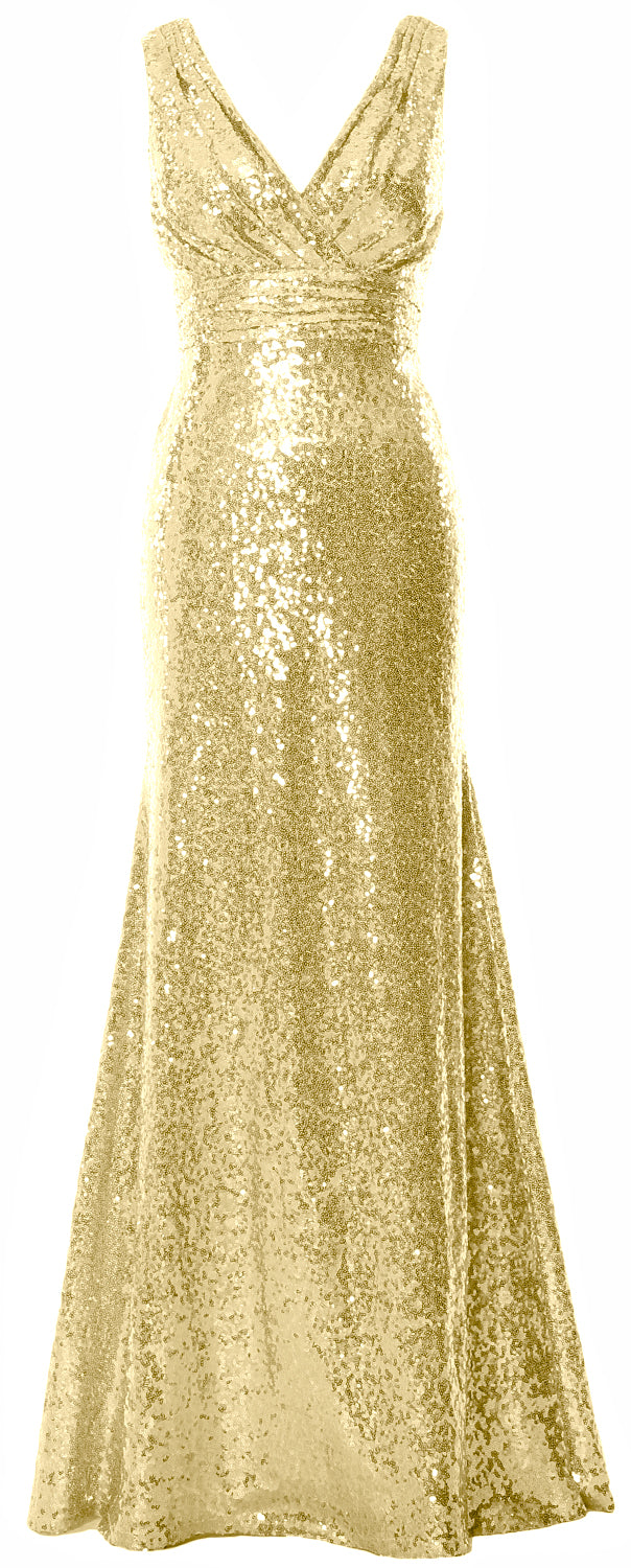 MACloth Women Mermaid V Neck Maxi Sequin Wedding Party Dresses Bridesmaid Prom