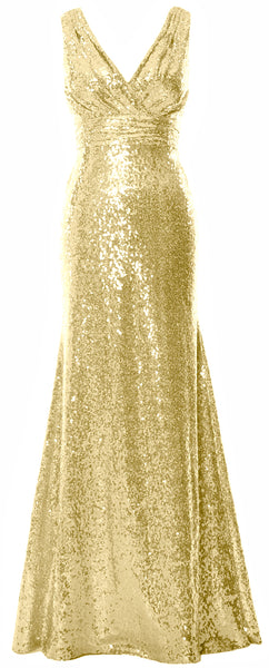 MACloth Women Mermaid V Neck Maxi Sequin Wedding Party Dresses Bridesmaid Prom