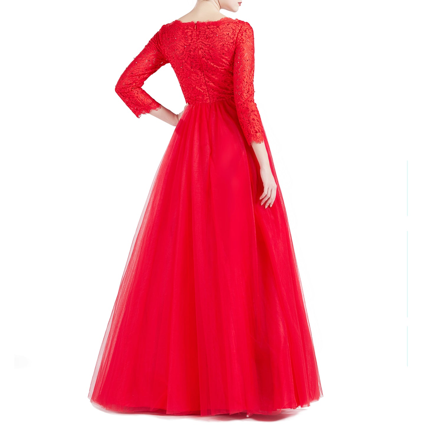 MACloth Women V Neck 3/4 Sleeve Long Tulle Prom Party Dresses Ball Gown Bridal