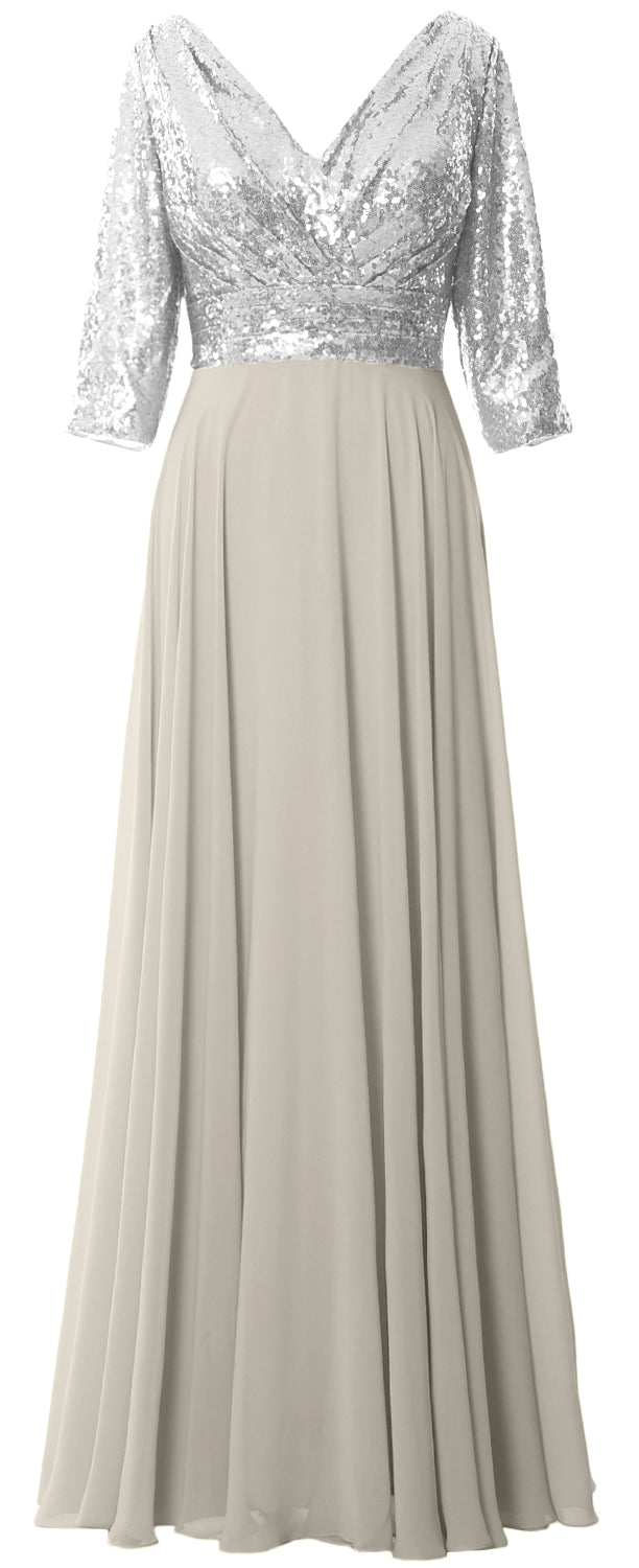 MACloth Damen Maxikleid mit langen Ärmeln und V-Ausschnitt und Pailletten