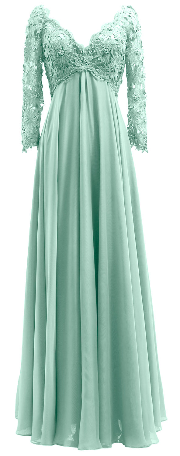MACloth Damen Abendkleid für die Brautmutter, V-Ausschnitt, Spitze, lange Ärmel