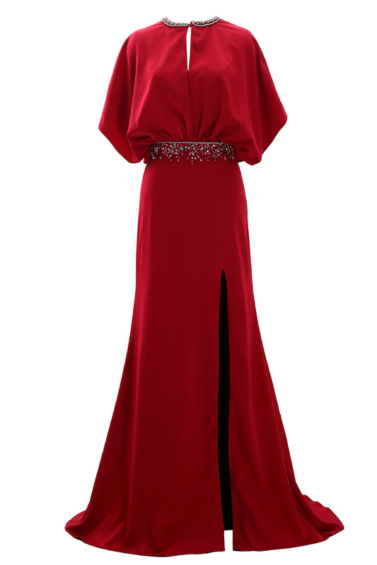 MACloth Vestido de noche con mangas abullonadas y cuentas de crepé para mujer Vestidos para madre de la novia