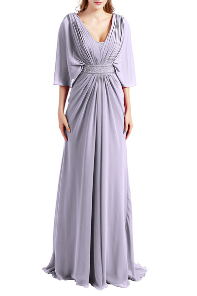 MACloth Women Elegant Long V Neck Mother of Bride Dresses Evening Gown Sleeves