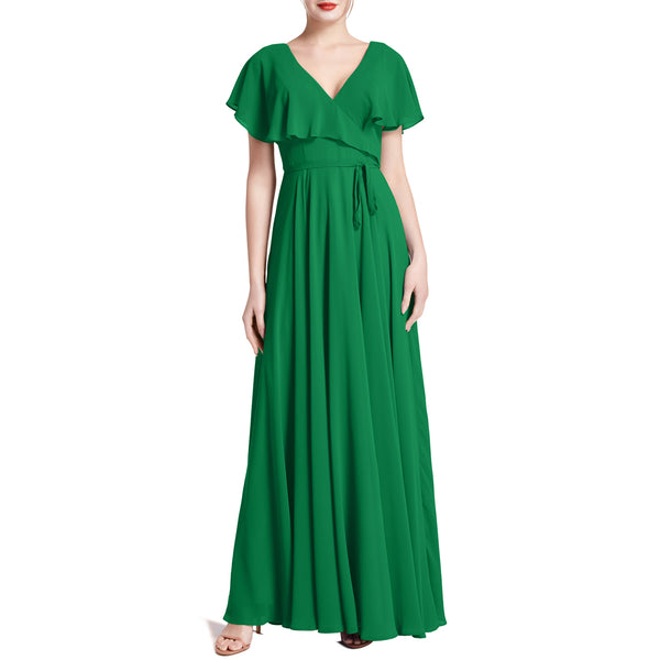 MACloth Women V Neck Ruffle BatWing Short Sleeve Maxi Wedding Bridesmaid Dresses