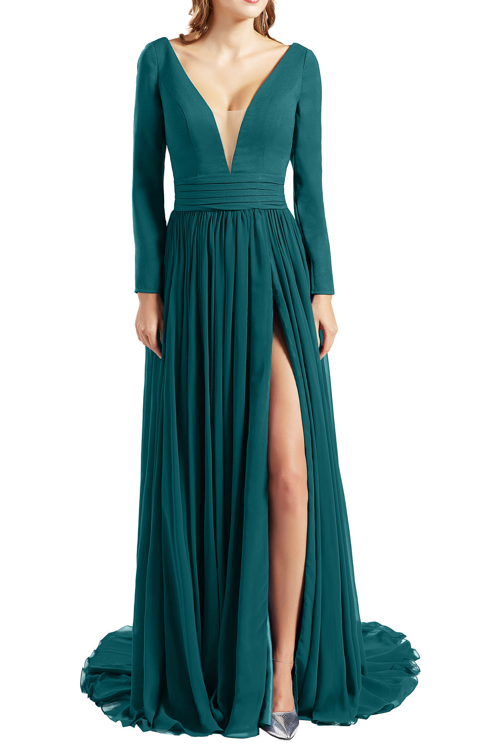 MACloth Women Plunging V Neck Long Sleeves Prom Dresses formal Evening Gown Slit