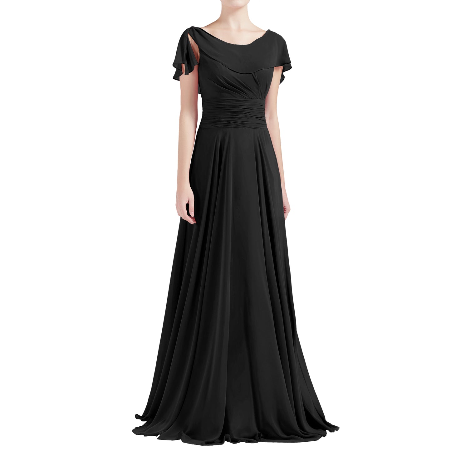 MACloth Damen O-Ausschnitt Rüschen Kurze Ärmel A-Linie Maxikleid Hochzeit Brautjungfernkleid