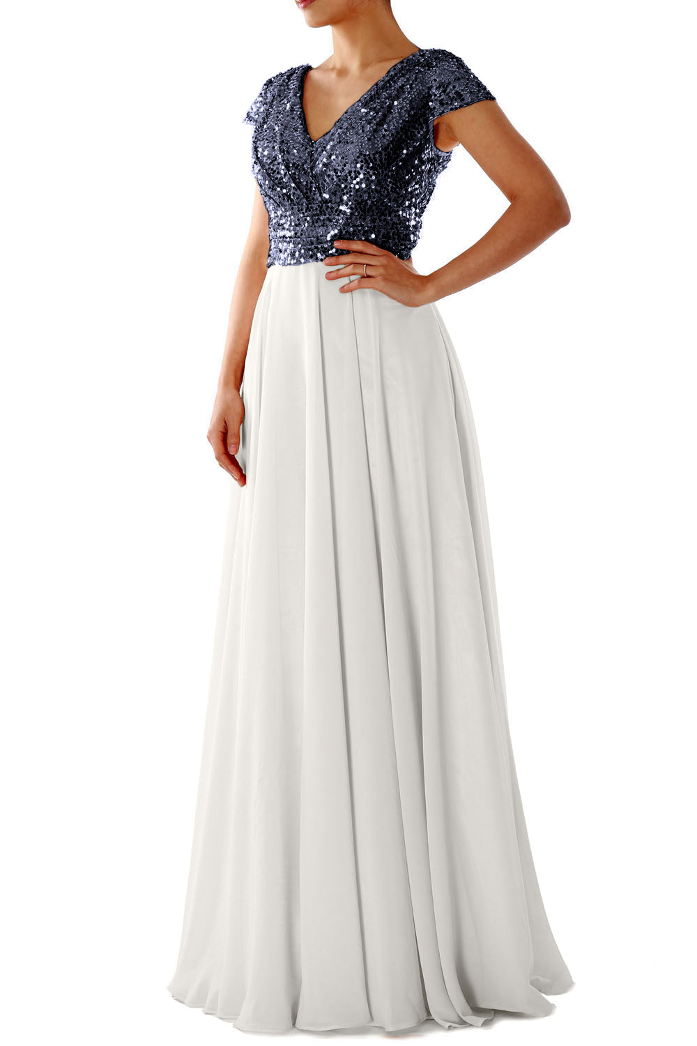 Cap Sleeves V Neck Sequin Chiffon Rose Gold Bridesmaid Dress