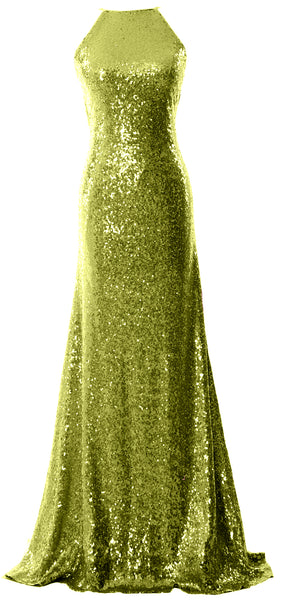 MACloth Women Bridesmaid Dress Sequin Long Halter Cowlback Prom Ball Gown