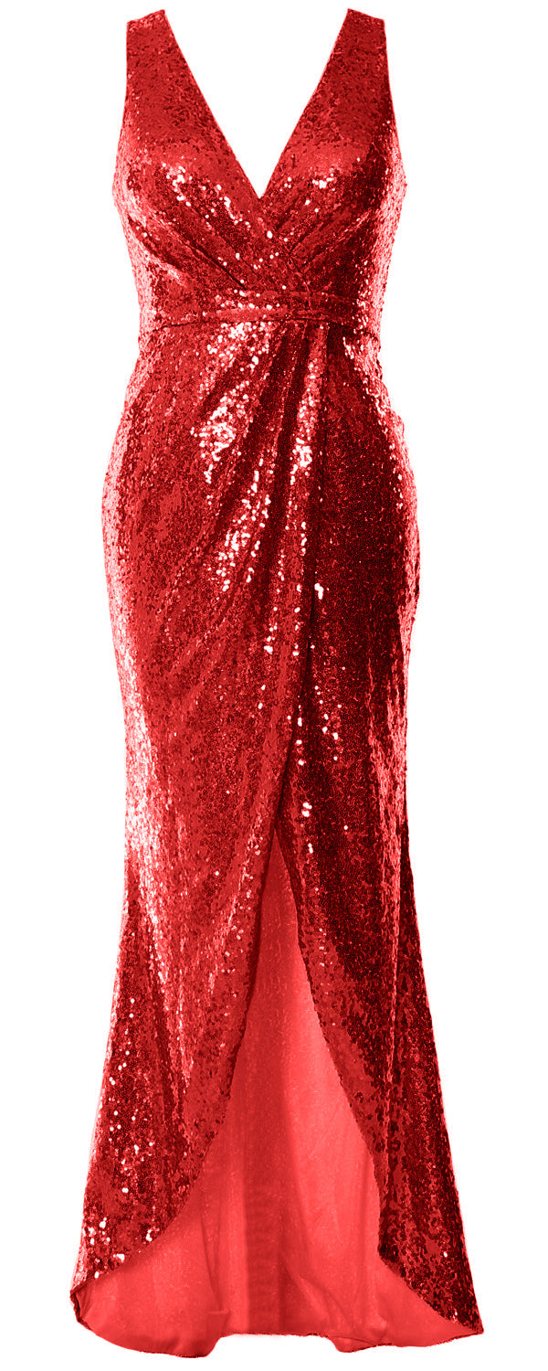 MACloth Women Sequin V Neck Wrap Long Bridesmaid Dresses Wedding Prom Gown