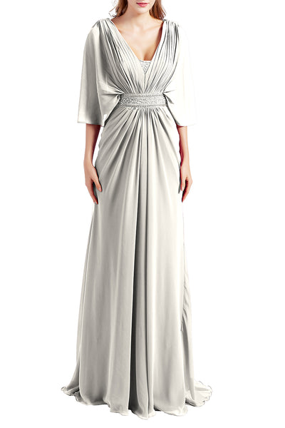 MACloth Women Elegant Long V Neck Mother of Bride Dresses Evening Gown Sleeves