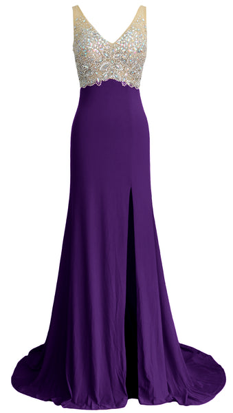 MACloth Elegant Mermaid V Neck Long Prom Dress Jersey Formal Party Evening Gown