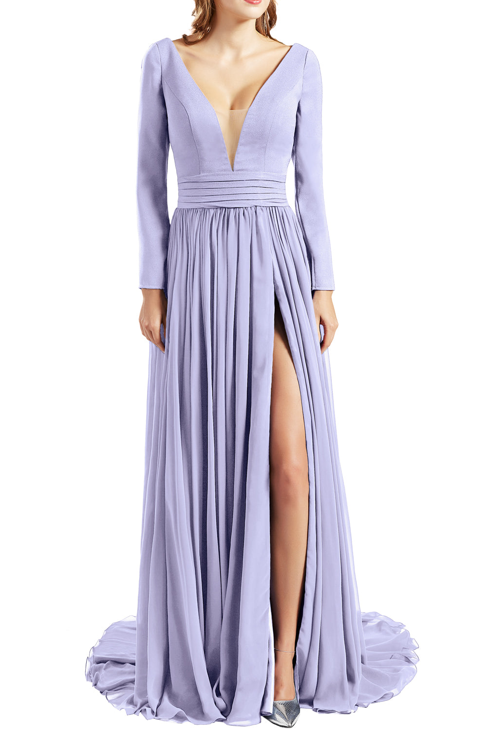 MACloth Women Plunging V Neck Long Sleeves Prom Dresses formal Evening Gown Slit