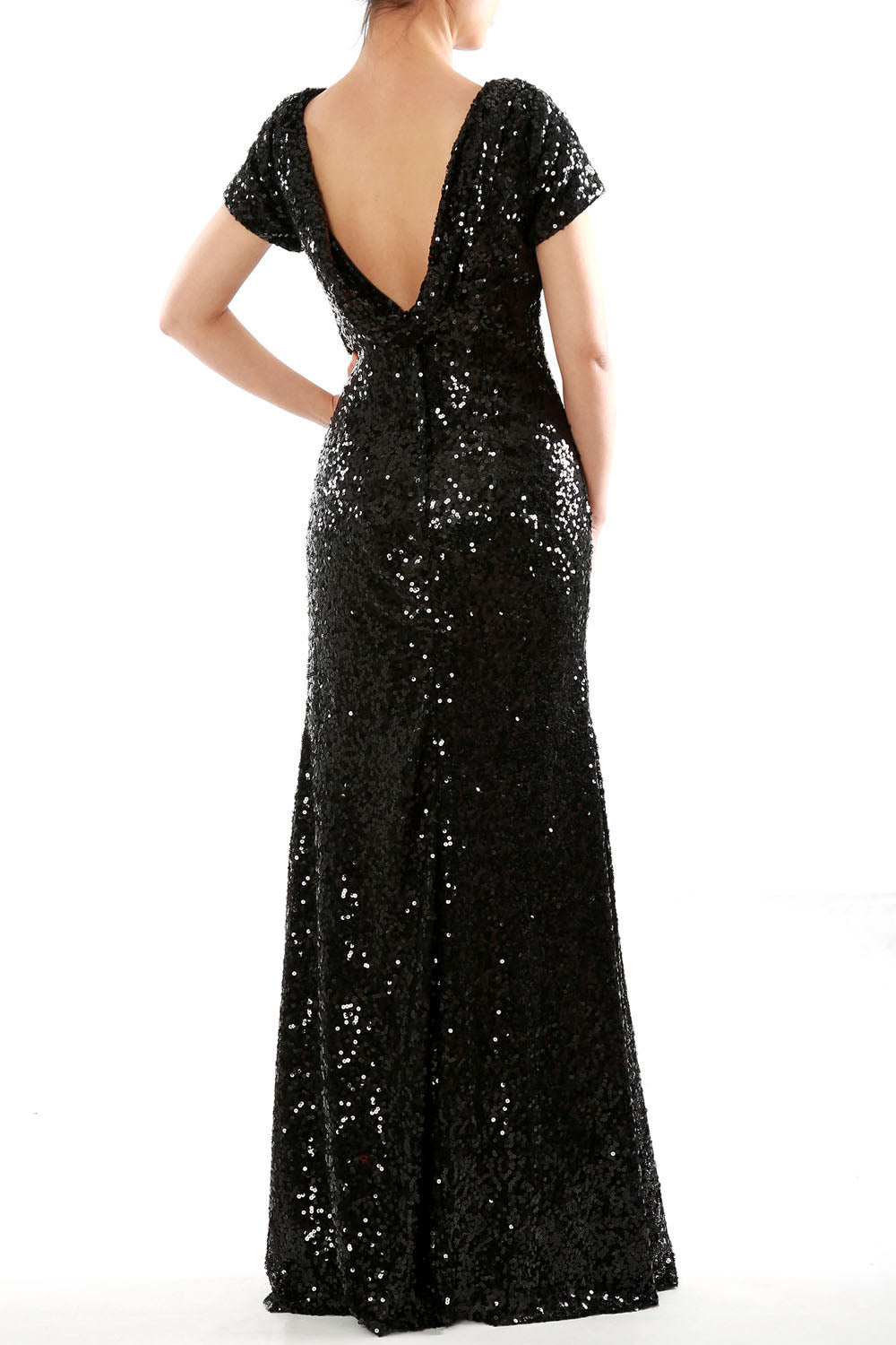 Vestido de noche formal de dama de honor largo con lentejuelas y mangas cortas de sirena de MACloth