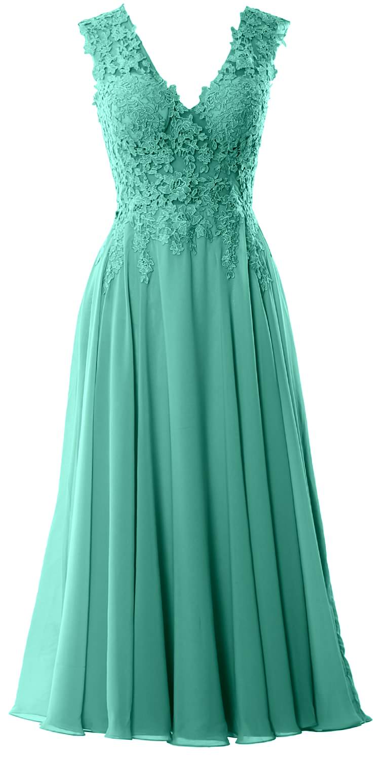 MACloth Women V Neck Lace Mother Bride Dresses Midi Tea Length Wedding Dinner