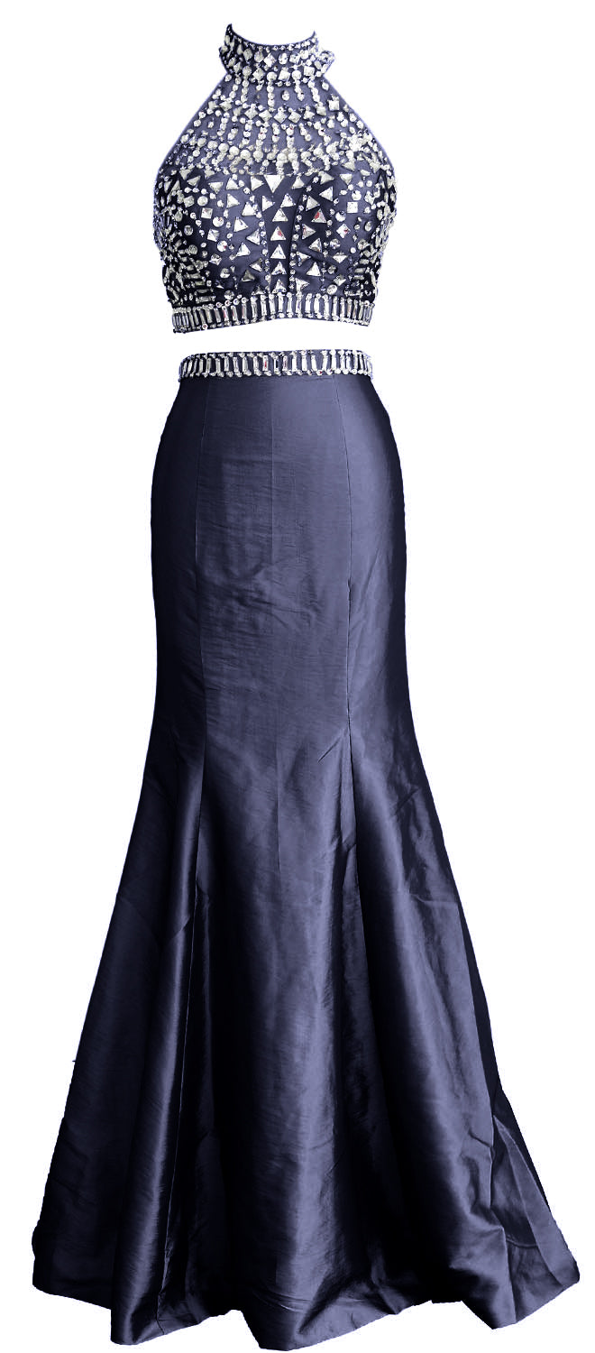 MACloth Damen Meerjungfrau Zweiteiliges Ballkleid mit hohem Halsausschnitt aus Taft, lang, formelles Kleid