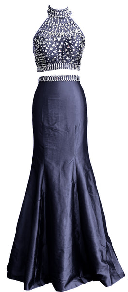 MACloth Women Mermaid Two Piece High Neck Taffeta Long Prom Dress Formal Gown