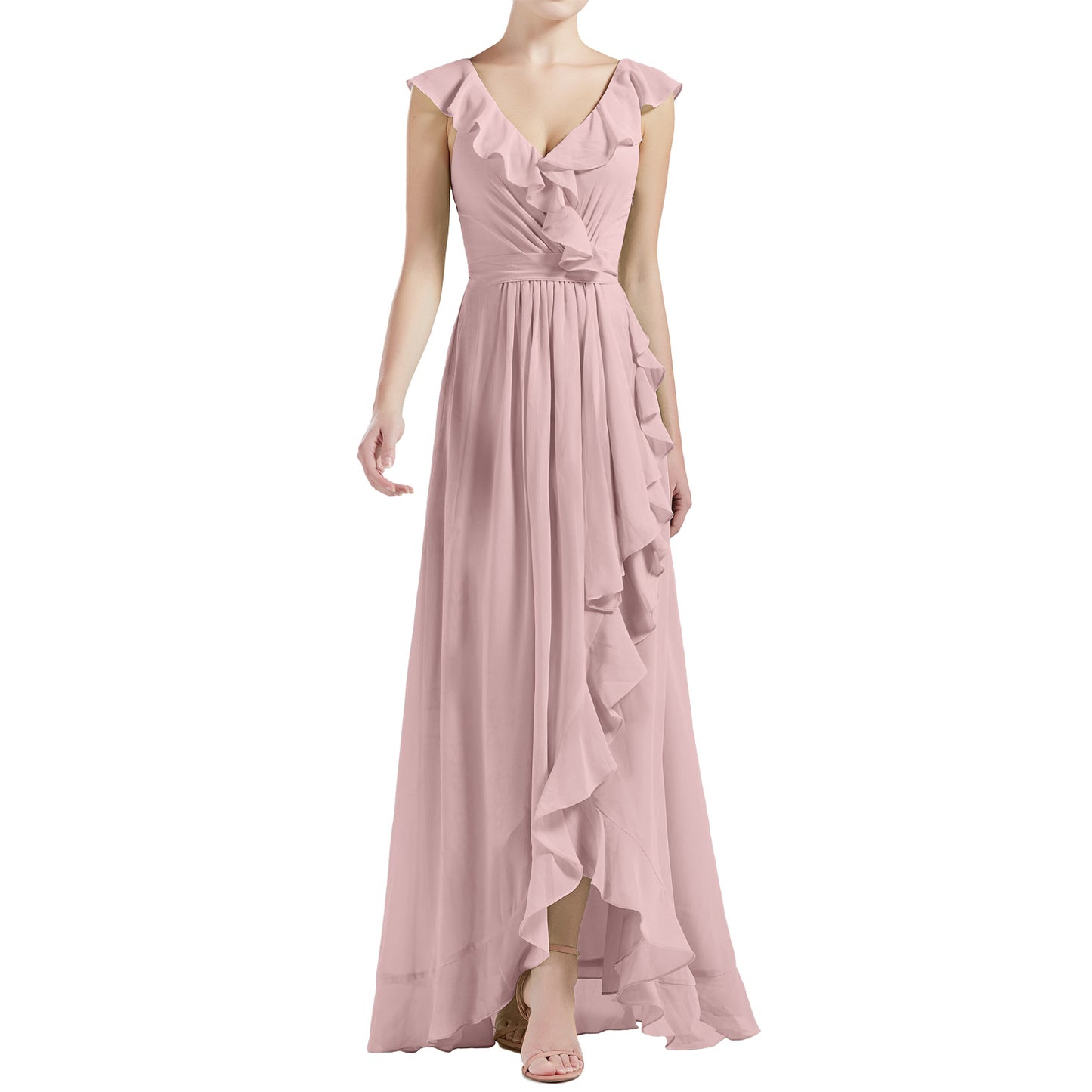 MACloth Women V Neck Ruffle Cap Sleeve Hi-Lo Long Wedding Bridesmaid Dresses