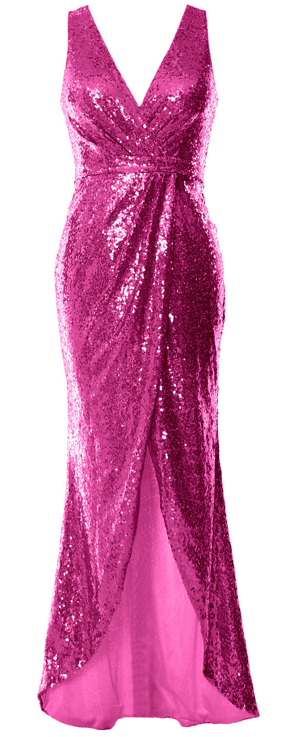 MACloth Women Sequin V Neck Wrap Long Bridesmaid Dresses Wedding Prom Gown
