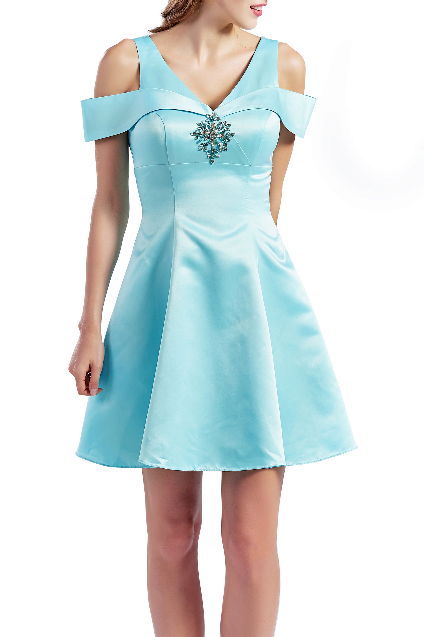 MACloth Women Short Cold Shoulder V Neck Satin Homecoming Dresses Wedding Guest