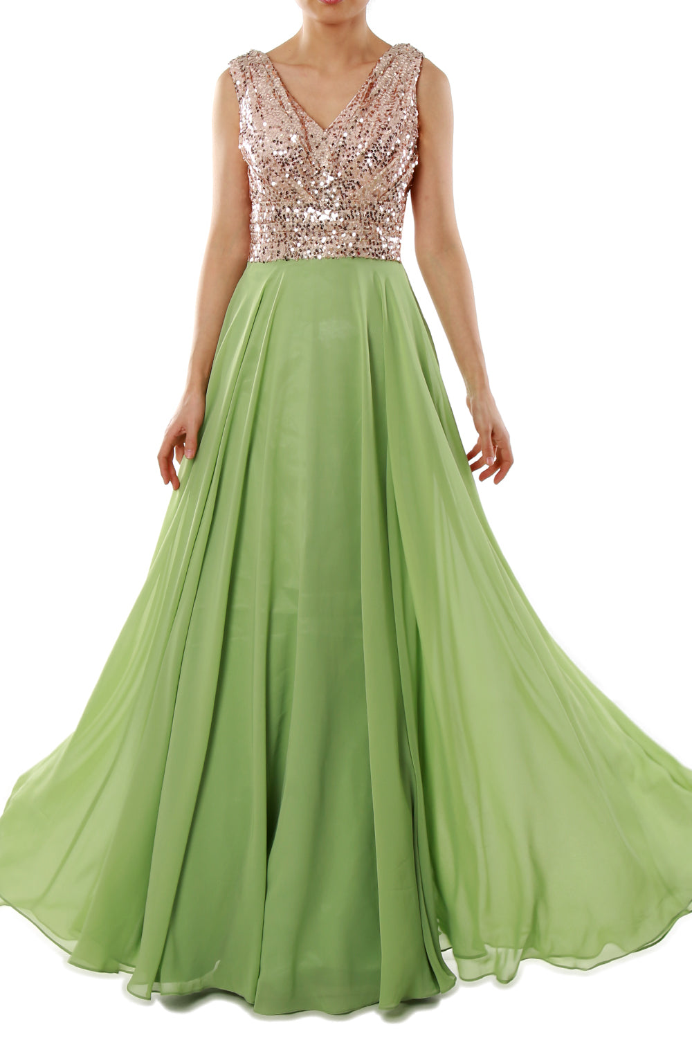 MACloth Women Sleeveless Long Bridesmaid Dresses V Neck Sequin Evening Gown