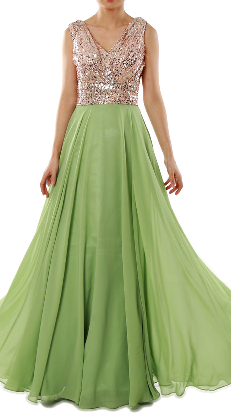 MACloth Women Sleeveless Long Bridesmaid Dresses V Neck Sequin Evening Gown