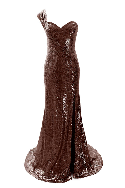 MACloth Women Sequin Bridesmaid Dress One Shoulder Long Prom Evening Gown Split