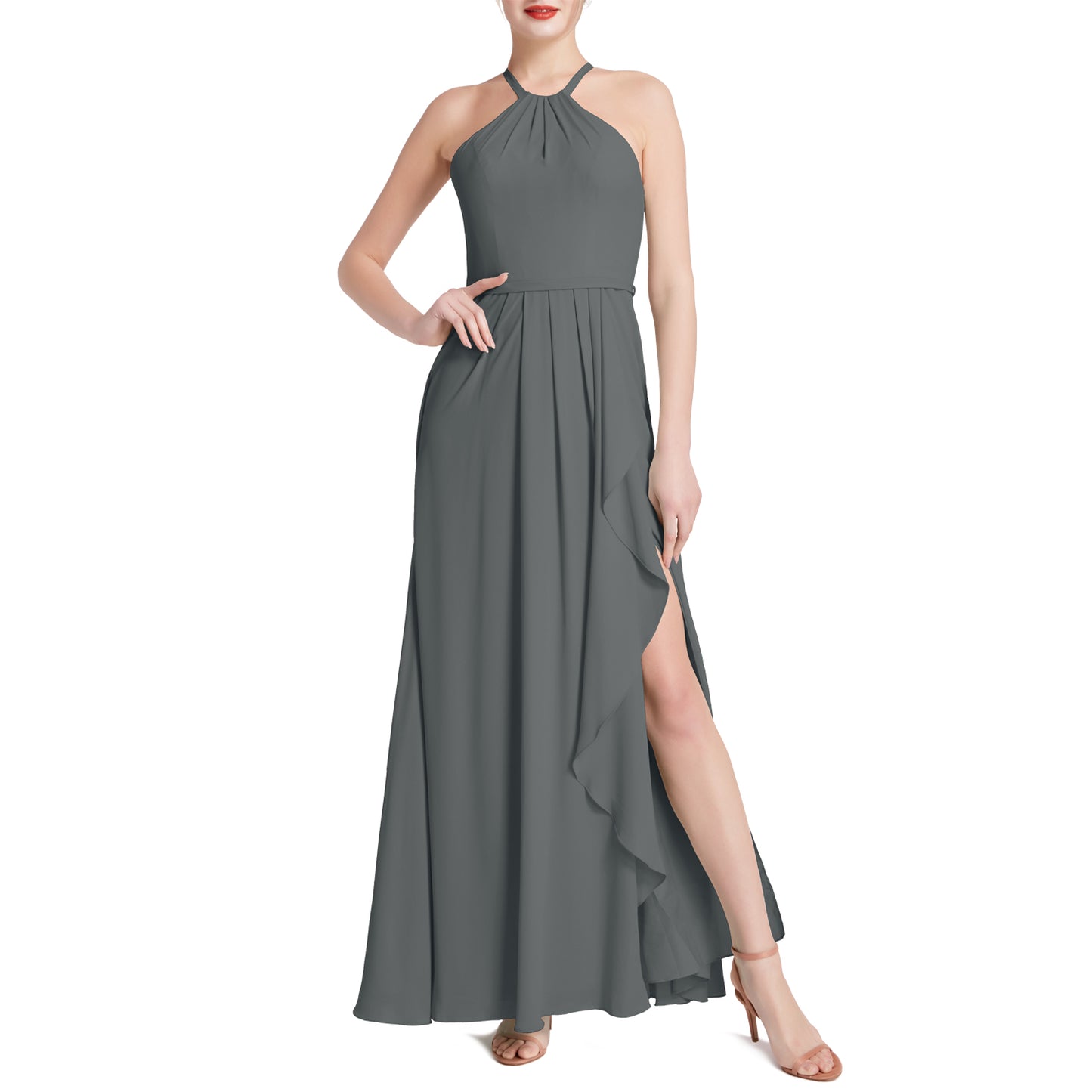 MACloth Damen Neckholder Langes Maxikleid für Hochzeit, Party, Brautjungfern, mit drapiertem Schlitz