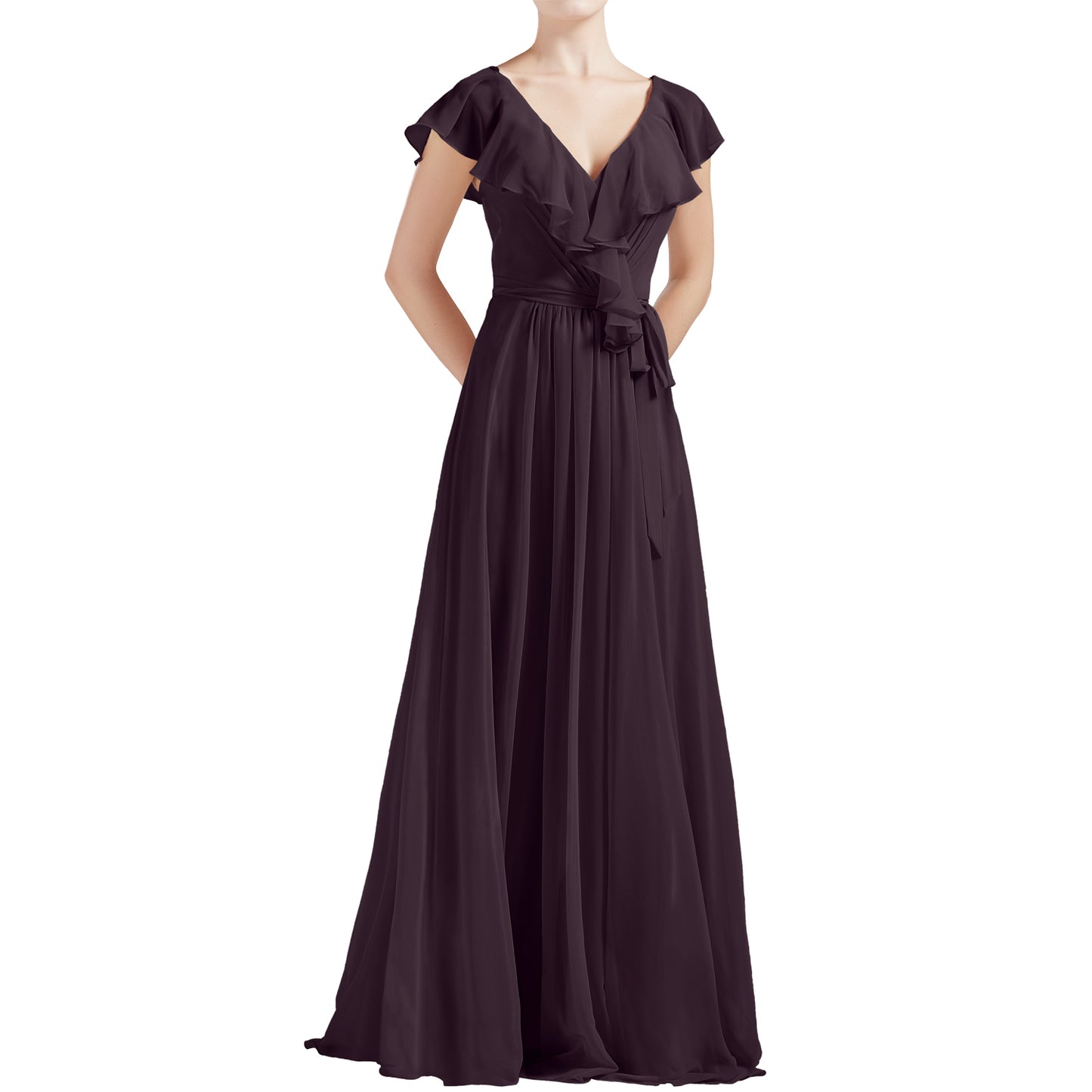 MACloth Women V Neck Ruffle Cap Sleeves Long Bridesmaid Dresses