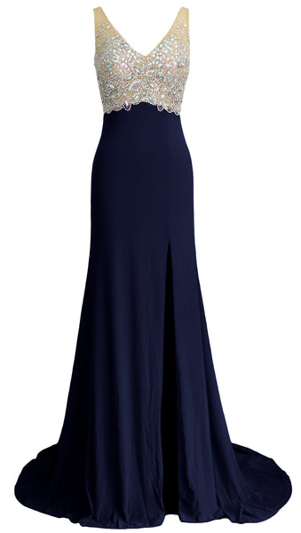 MACloth Elegant Mermaid V Neck Long Prom Dress Jersey Formal Party Evening Gown