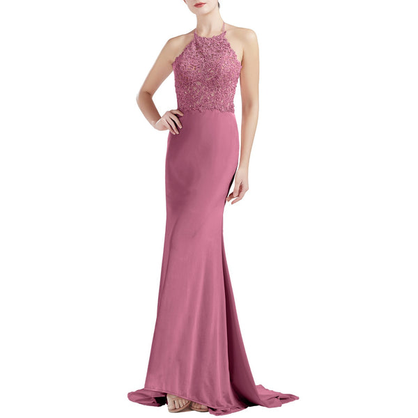 MACloth Women Sleeveless Halter Jersey Mermaid Long Prom Party Dresses Evening