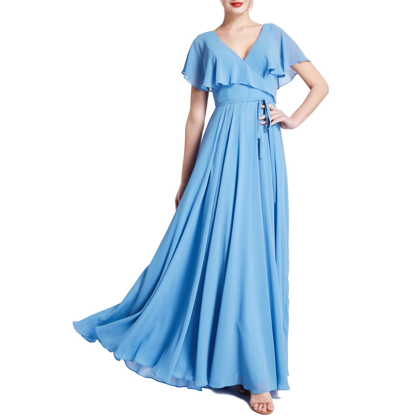 MACloth Women V Neck Ruffle BatWing Short Sleeve Maxi Wedding Bridesmaid Dresses