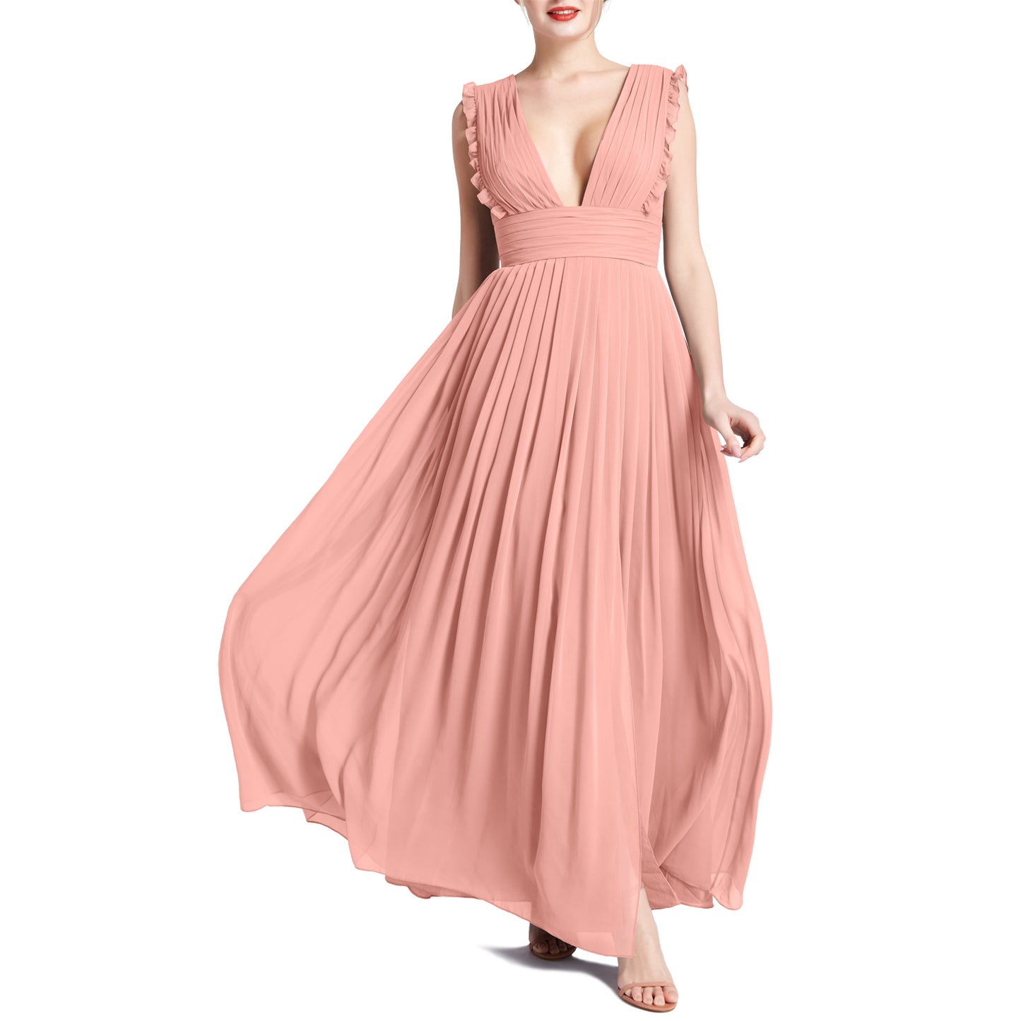 MACloth Women V Neck Ruffle Long Pleated Wedding Party Bridesmaid Dresses