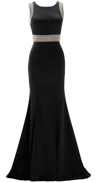 MACloth Women Boat Neck with Beaded Formal Evening Gown Sheath Satin Prom Dress