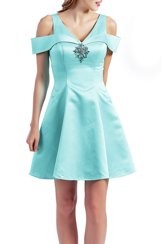 MACloth Vestidos de fiesta de satén con escote en V y hombros descubiertos para mujer, cortos, para invitados de boda