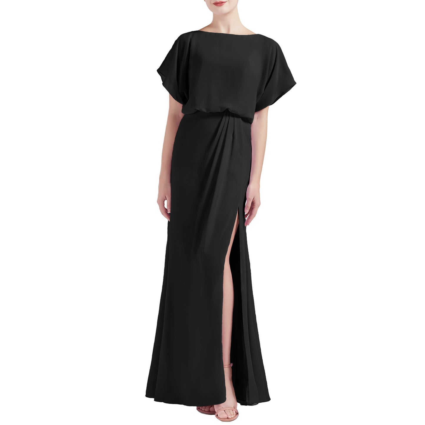 MACloth Women Chic Kimono Boat Neck Long Bridesmaid Dresses Slit Dark Navy / Floor Length / Custom Size