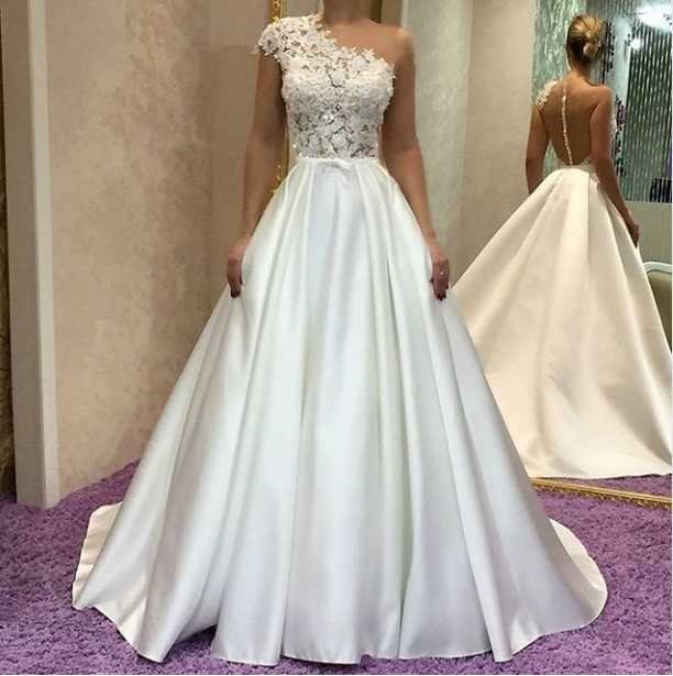 MACloth One Shoulder Long Ivory Prom Dress Elegant Formal Evening Gown 10735