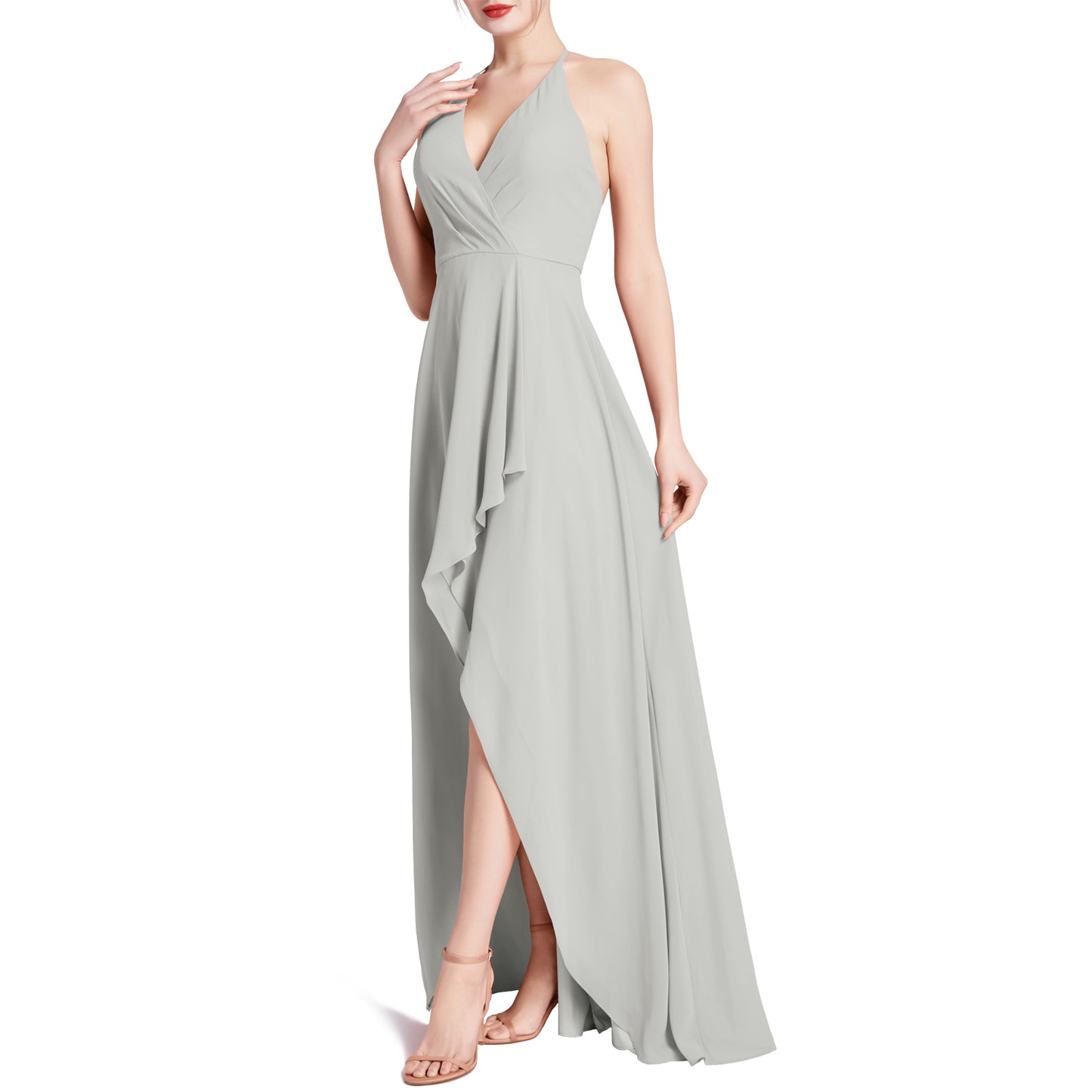 MACloth Women V Neck Halter Hi Lo Long Wedding Party Bridesmaid Dresses